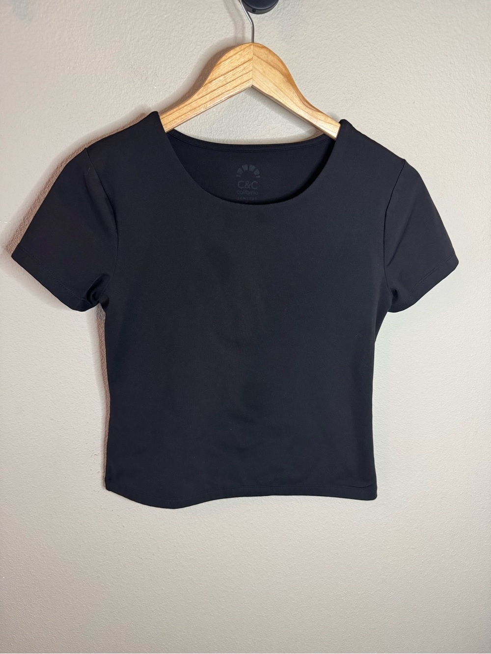 C&C California Black Double Layer Silky Stretch Short Sleeve Top Size Medium